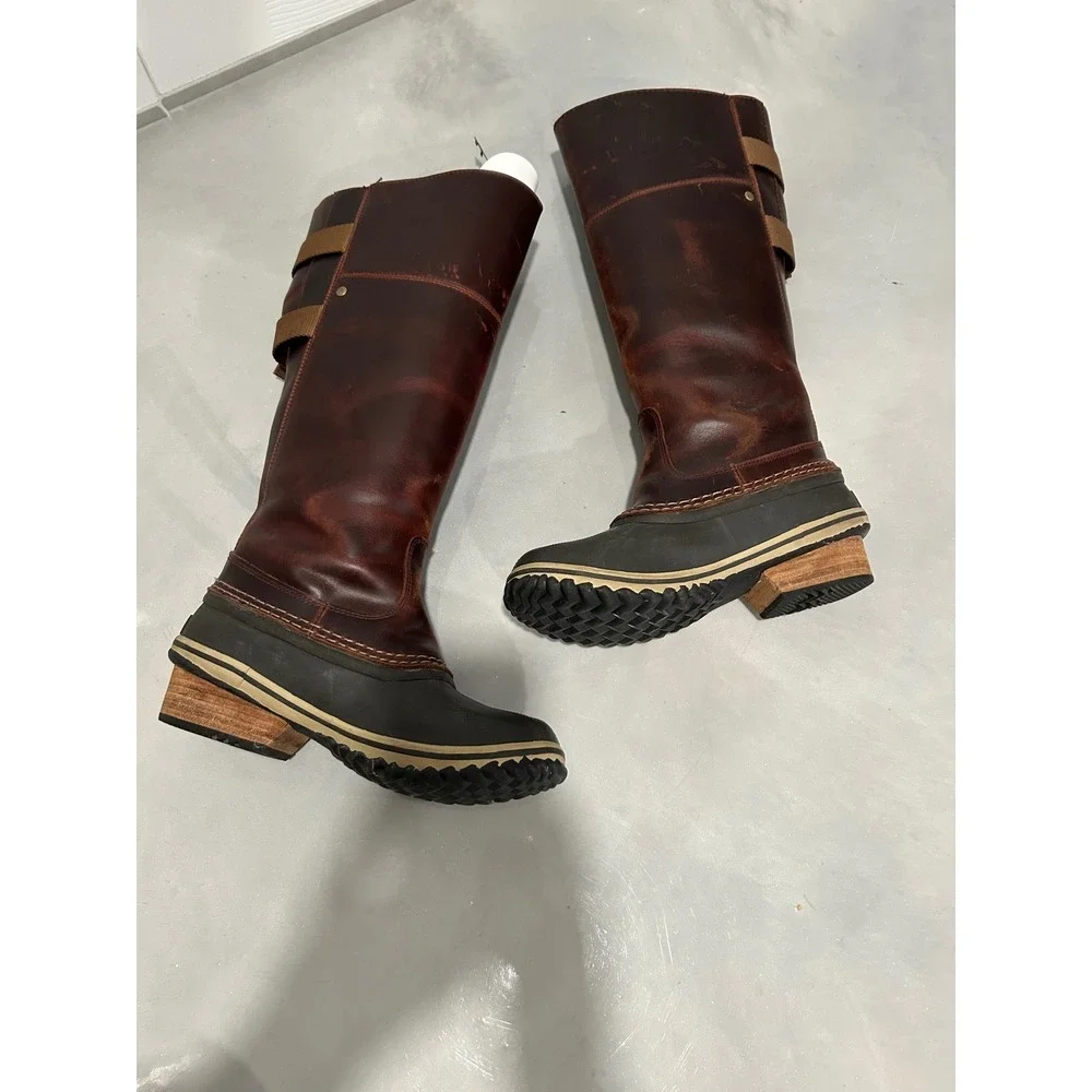 Sorel Slimpack Women 6.5‎ Brown Leather Tall Riding Duck Boots NL2321-261